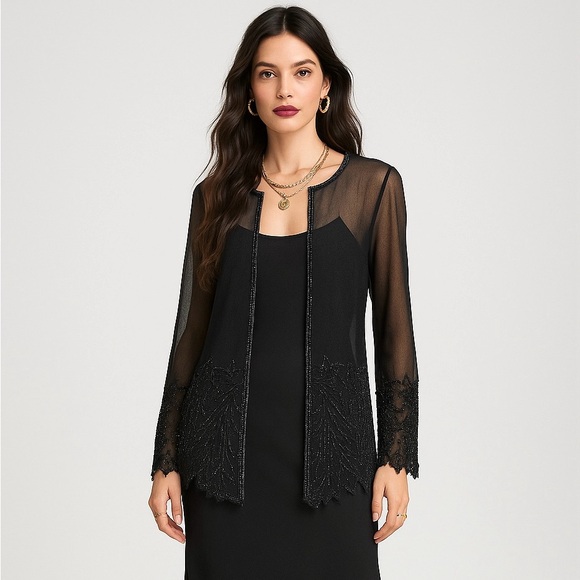 Vintage Beaded Fairy Top L Black Sheer Open Whimsigoth Evening Top Jkara - Picture 11 of 14